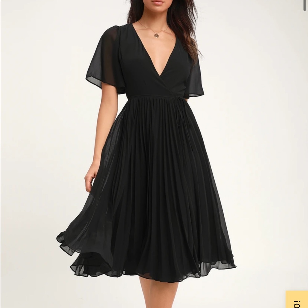 Pleats to Meet You Black Pleated Midi Wrap Dress